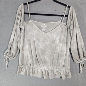 American Eagle Womens XL Soft Sexy Cold Shoulder Shirt Gray Tye Dye Vneck Preppy
